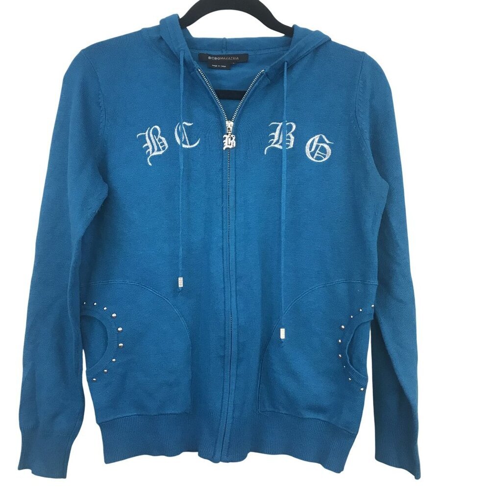 BCBGMaxAzria Blue Hooded Zip-Up Sweater Embroidered Letters Studded Size L Y2K